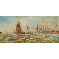 Thomas Bush Hardy (British 1842-1897): Busy Harbour Entrance, watercolour signed and dated 1890, 30cm x 63cm