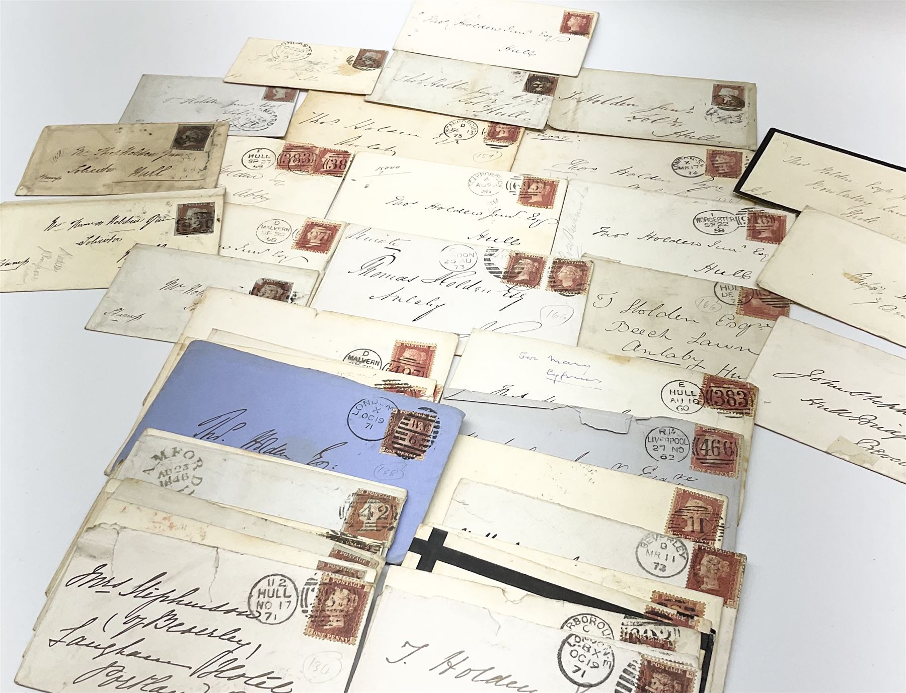 Various Queen Victoria penny red stamps on covers or pieces including imperf and perf examples, mourning covers etc (46)