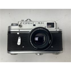 Zorki-4K camera body, serial no 74334713 with 'Jupiter-8 2/50' lens serial no 7454365, Zorki-4 camera body serial no 71012418 with 'Jupiter-8 2/50' lens serial no 0174594, and three other cameras 