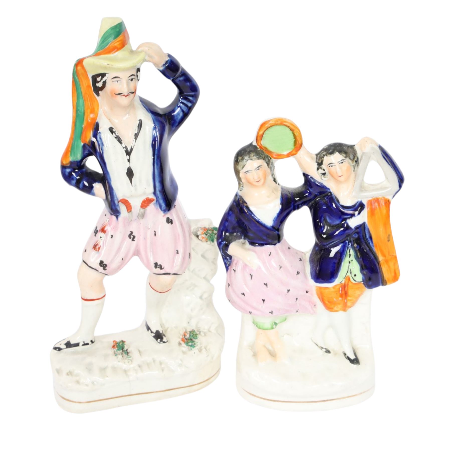 Six 19th century Staffordshire Theatre figures, comprising rare example of Jules Perrot as Diavolino, Jules Perrot as Albrecht, Carlotta Grisi as Esmeralda, Carlotta Grisi as Esmeralda and Jules Perrot as Gringoire, and further pair, tallest example H24.5cm


