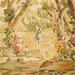 Large French Aubusson style verdure tapestry, of 18th century design but later, depicting hunters resting, 133cm x 194cm
