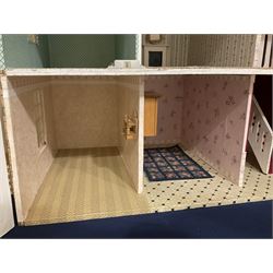 Modern scratch-built Palladian style wooden dolls  house as a 19th century double fronted two-storey property with simulated brick and stone walls under a removable simulated slate hipped roof; the triple hinged front elevation opening to reveal six rooms with central hall, stairs and landing L94cm H56cm D40cm