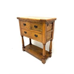 Ancient Mariner - hardwood side table, rectangular top over two short and one long drawer, turned supports joined by undertier