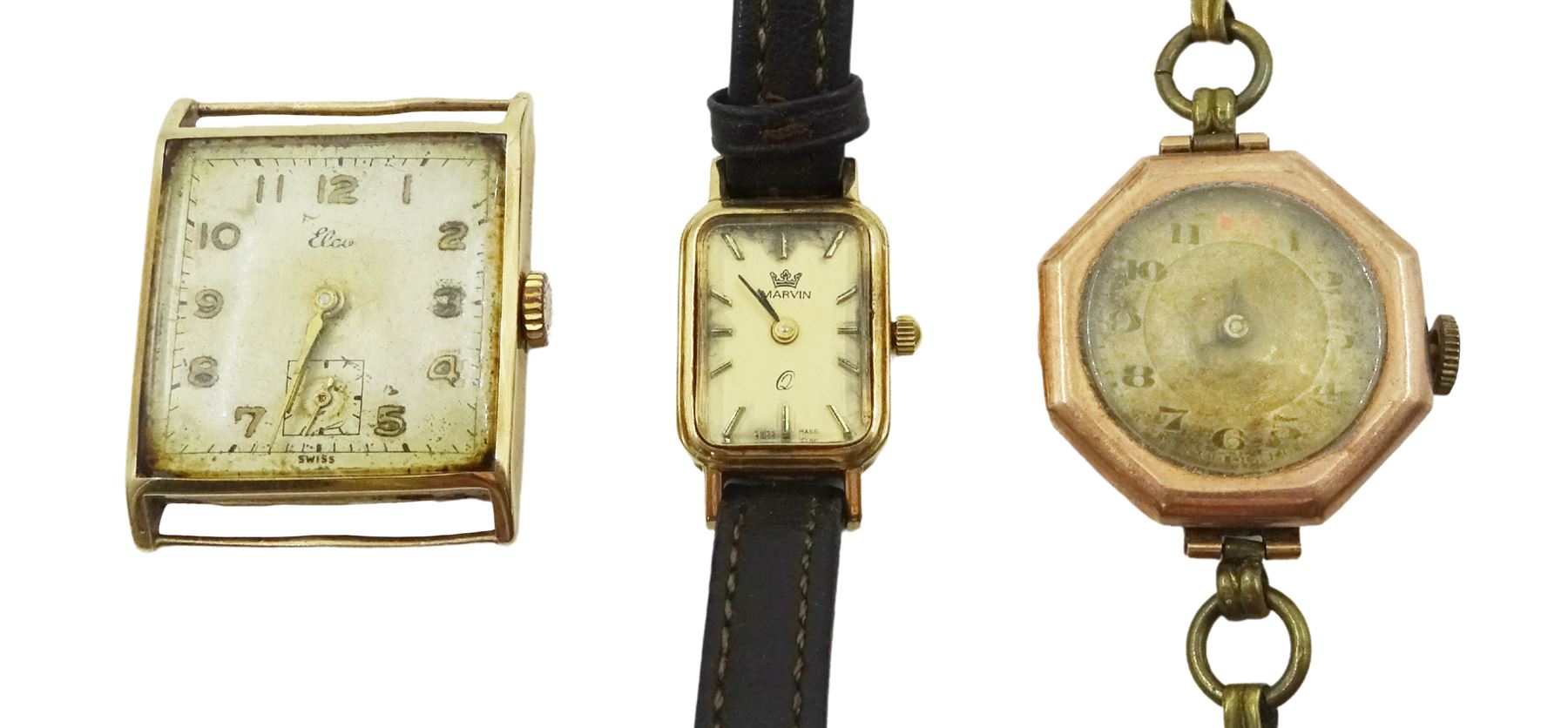 Elco 9ct gold square face manual wind wristwatch, Marvin 9ct gold quartz wristwatch and one other 9ct gold wristwatch, all hallmarked, both on leather straps (3)