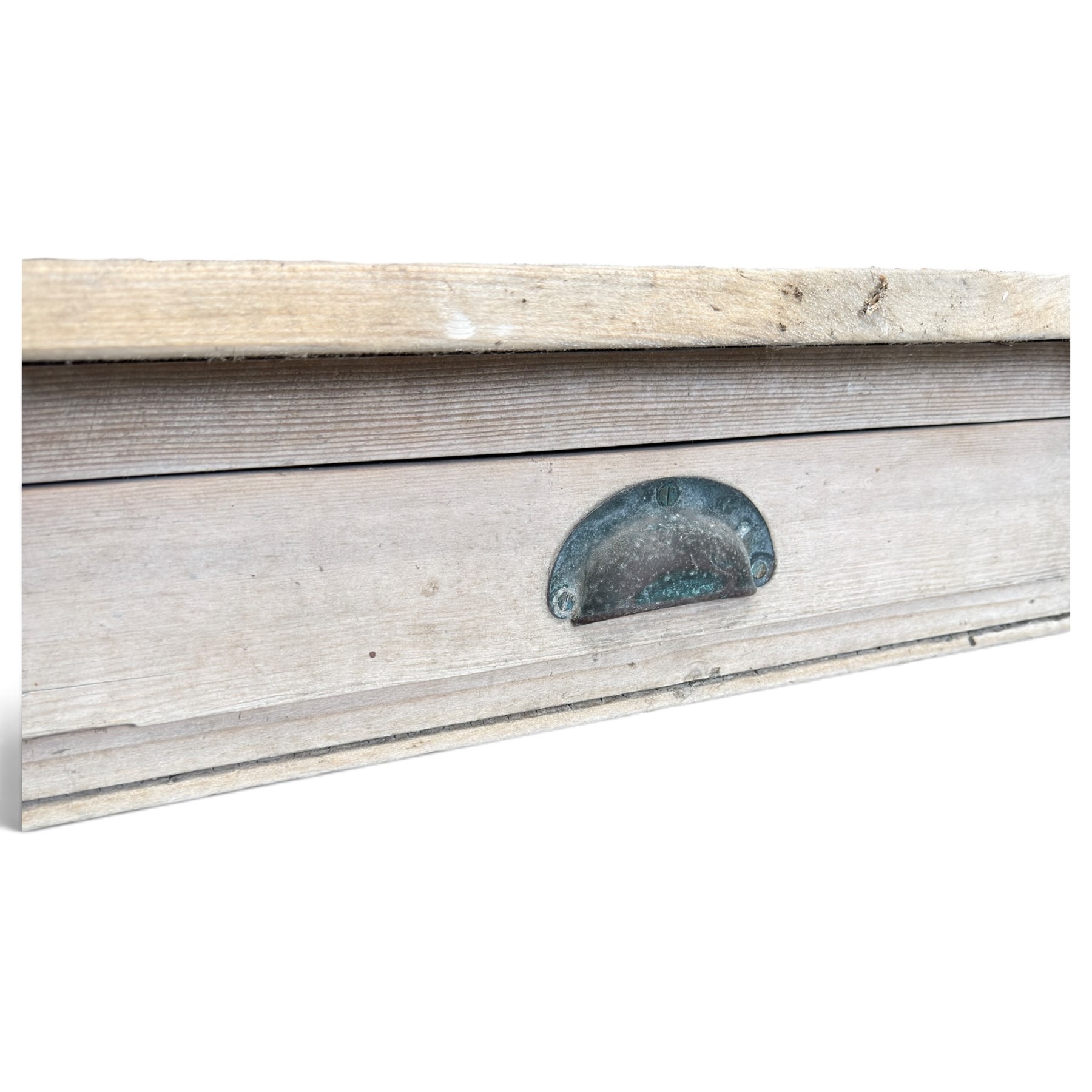 Large 19th century painted pitch pine scullery table, rectangular triple plank top fitted with single drawer, raised on square supports united by slatted under-tier