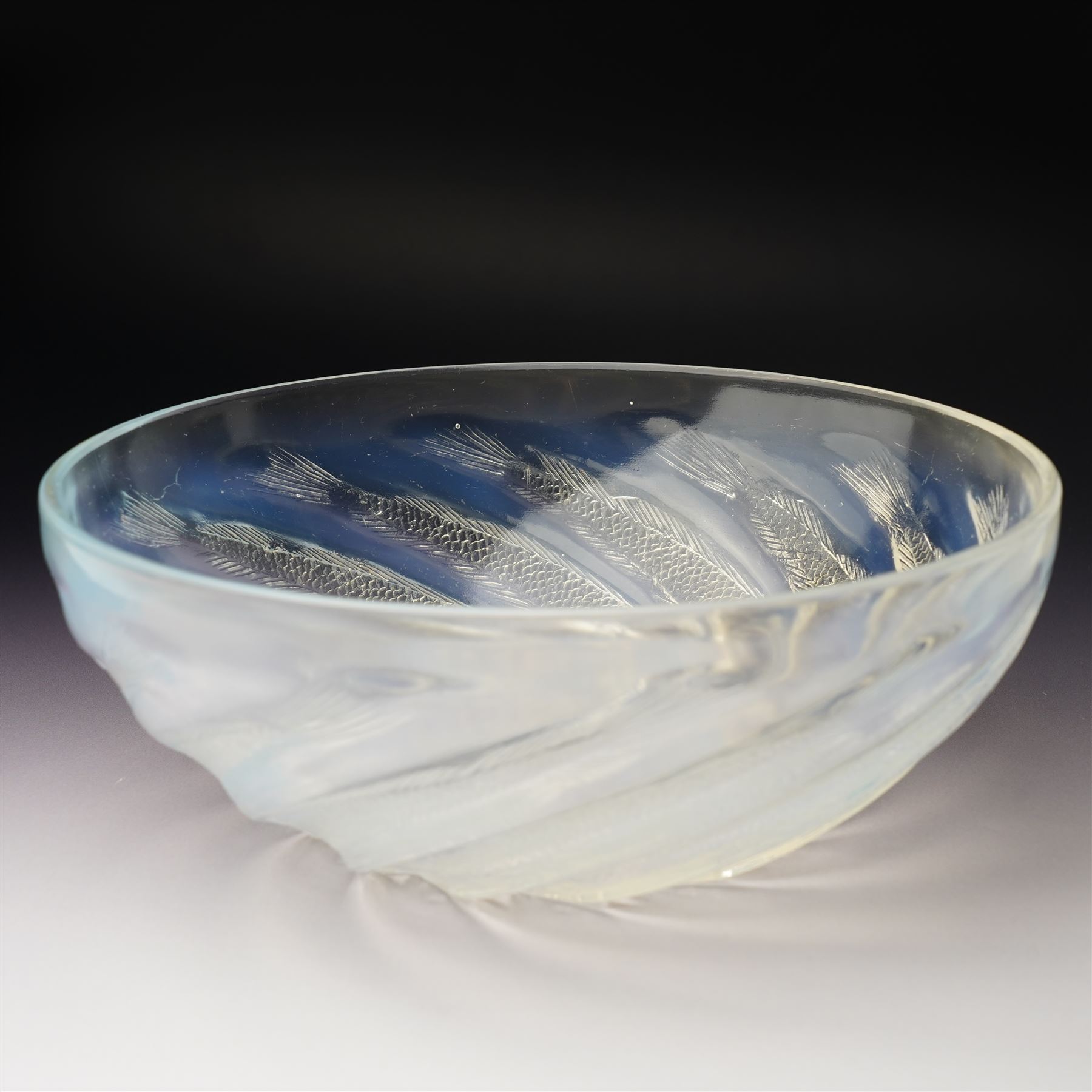 Rene Lalique 'Poissons' opalescent glass bowl, c.1931, moulded R Lalique mark to centre, D24cm 