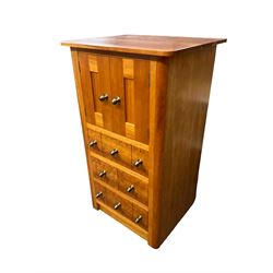 Cherry wood cabinet, fitted with double cupboard over two short and two long drawers, with faux drawer facias