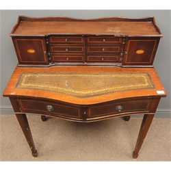  Reproduction inlaid mahogany serpentine front desk, six drawers and two cupboards, leather writing inset writing surface, two drawers, four tapered supports with spade feet, W92cm, H103cm, D50cm   