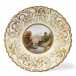 H&R Daniel Queen's shape porcelain plate, centrally painted with Blarney Castle, within a polychrome floral painted border, titled beneath, D25cm and another plate painted with a view of Warwick Castle (2)