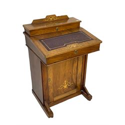 Edwardian inlaid walnut Davenport, raised compartment with divisions and pen rest, sloped hinged top, fitted with single cupboard
