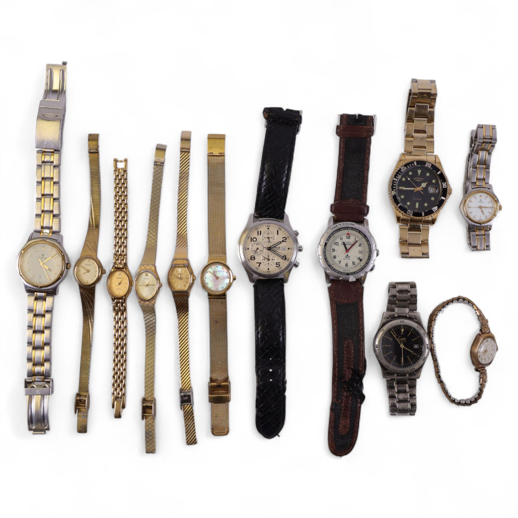 9ct gold cased Everite manual wind ladies wristwatch on expanding gilt metal strap, together with a collection of other wristwatches including Lorus, Bering, Titan and Rotary examples