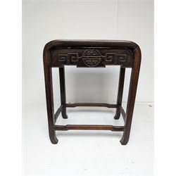 Chinese hardwood stand/stool, decorated in relief with symbols, H42.5cm