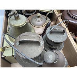 Mauchline ware trinket box and thimble holder, together with copper kettle, two large brown enamel teapots, wooden chess board, brass bell, hot water urn, and other metal ware etc, in three boxes 