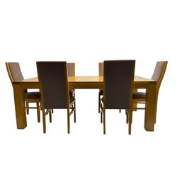 Large pippy oak rectangular dining table, square block leg, and six high back upholstered chairs, retailed by Chapmans of Newcastle
