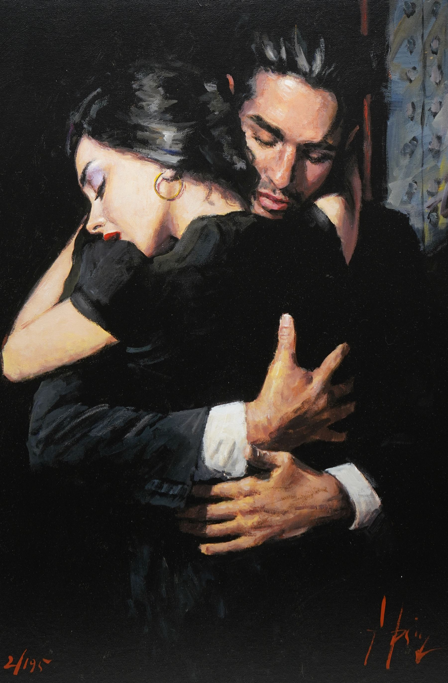 Fabian Perez (Argentina 1967-): 'Embrace II', limited edition hand-embellished giclee print on canvas signed and numbered 2/195, with certificate of authenticity verso 75cm x 50cm
