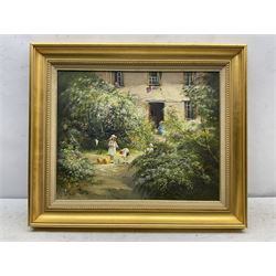 Edward 'Ted' Dyer (British 1940-): Children in the Garden, oil on canvas signed 40cm x 50cm