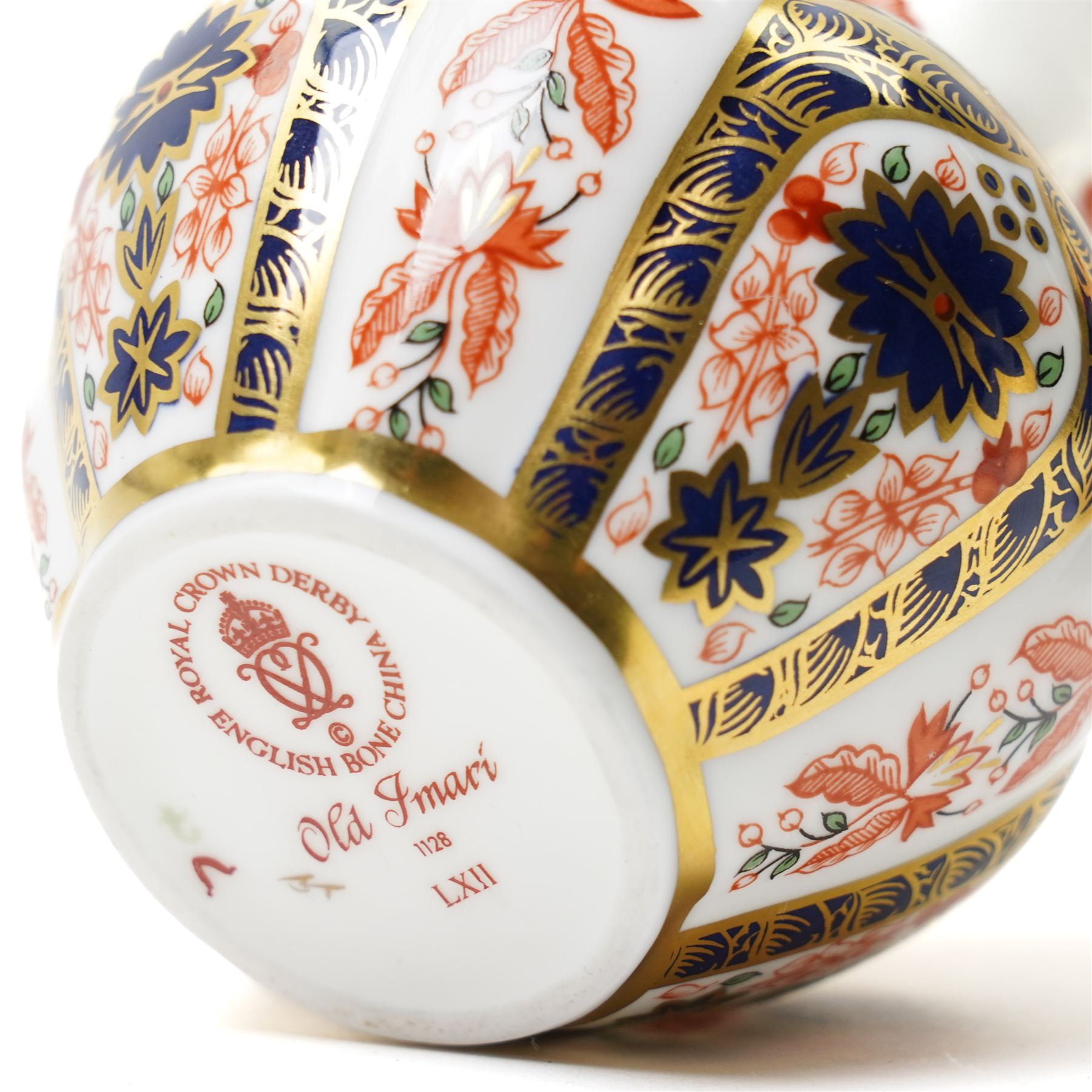 Pair of Royal Crown Derby Old Imari Viola vases, pattern 1128, boxed, H8cm; together with a pair of miniature toy drums, boxed (4)