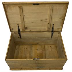 Victorian pine blanket box, hinged lid, fitted with carrying handles, on castors