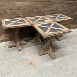 4 x Rustic square restaurant bistro table, parquetry top, X shaped base