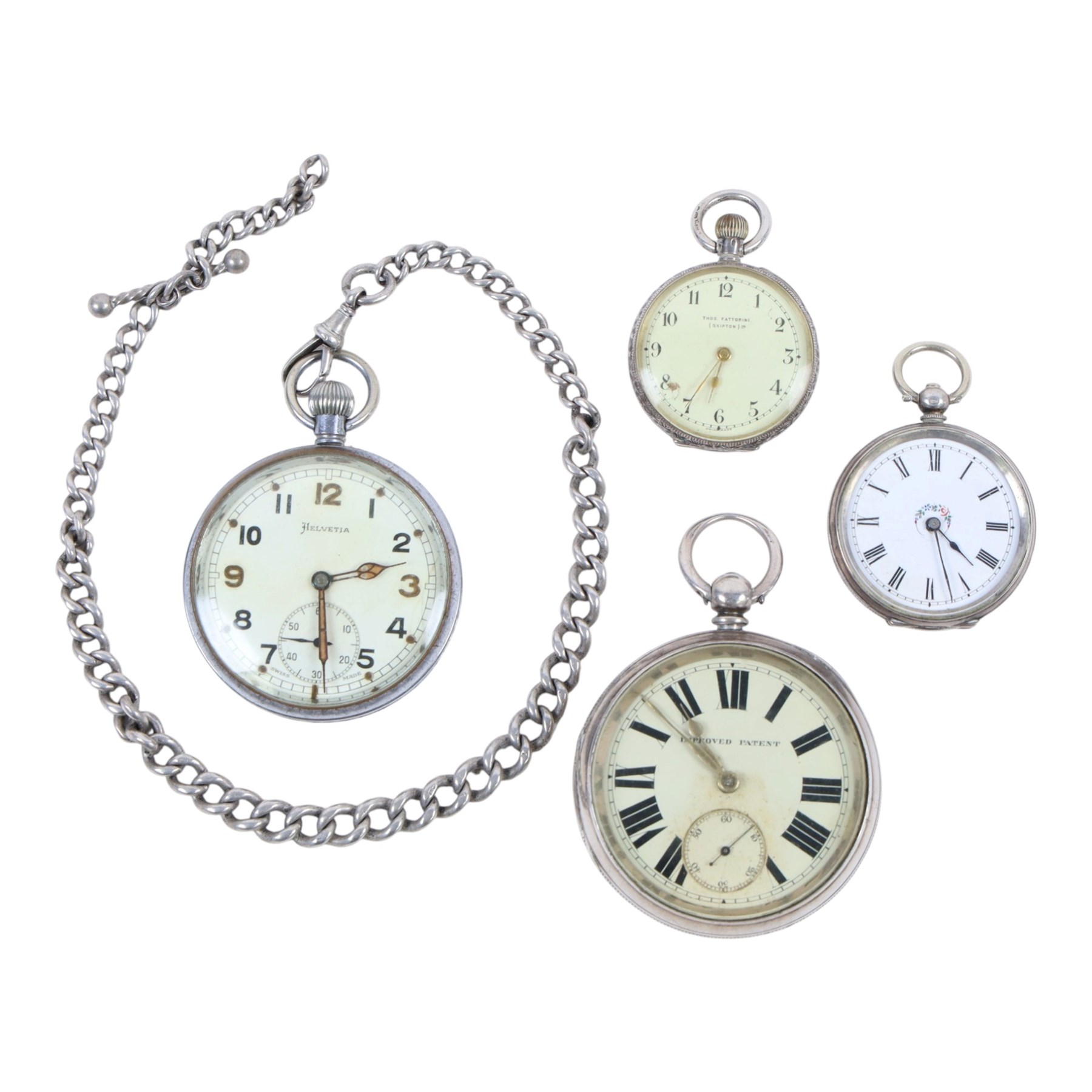 Silver improved patent open faced pocket watch, together with a plated Helvetia military issue pocket watch with broad arrow verso and two silver fob watches