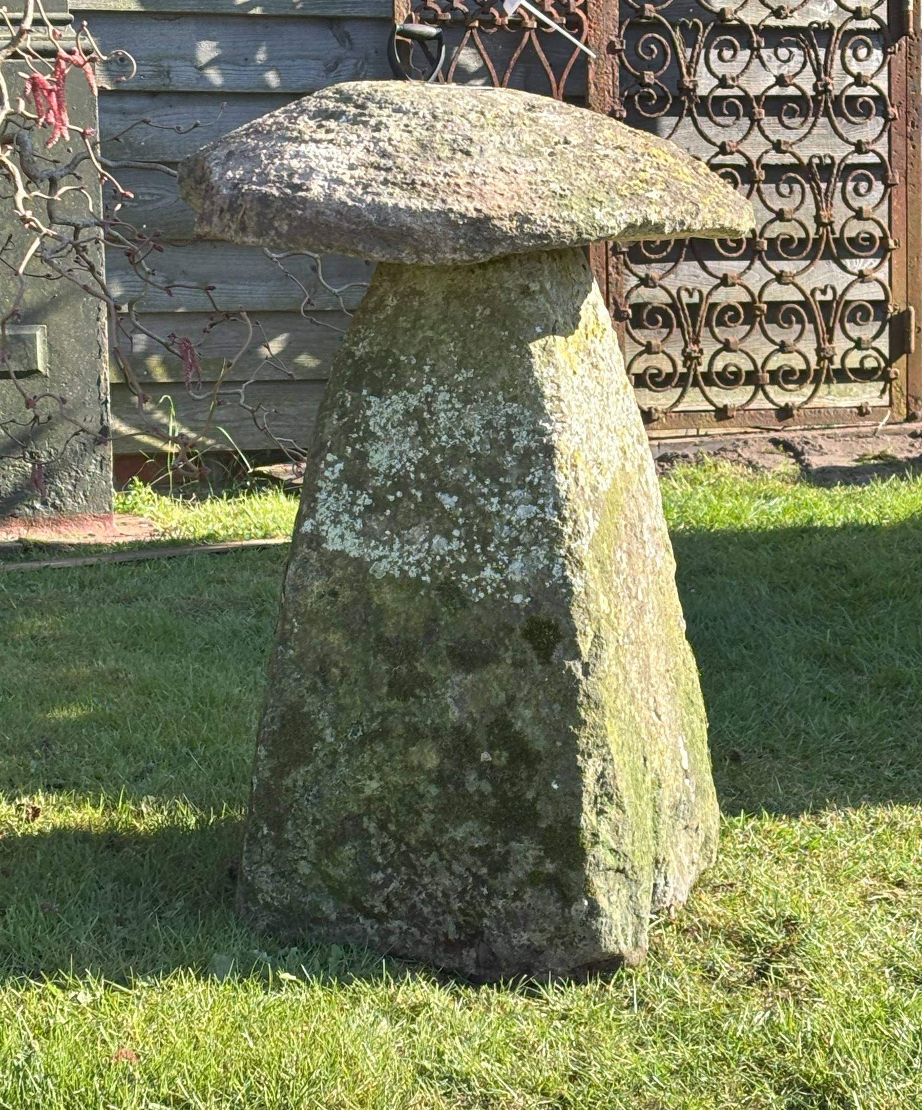 18th century hand carved Cotswold stone garden mushroom, the circular top on a shaped and tapered pedestal. H80cm.  - COLLECTION BY APPOINTMENT FROM: The White House, Thirsk Road, Easingwold, York, YO61 3NF - CALL 01723 507111 TO ARRANGE