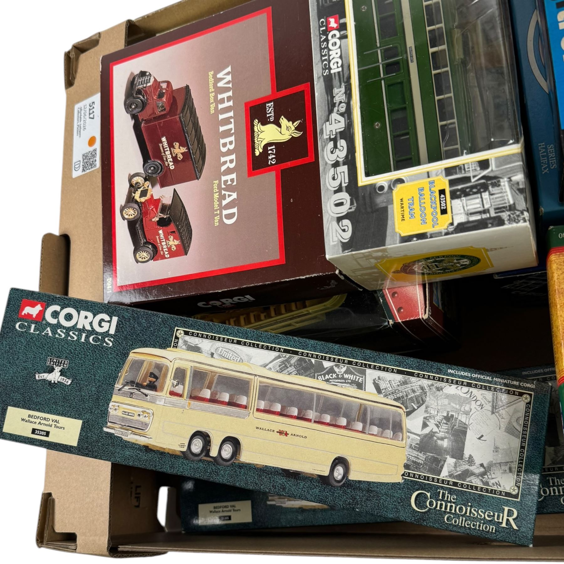 Collection of Corgi buses, trams and coaches, including Blackpool Balloon Tram no. 43502, Van Hool T9 Caelloi Motors no. AN45904 and The Connoisseur Collection Bedford Val Wallace Arnold Tours no. 35305, etc, all boxed