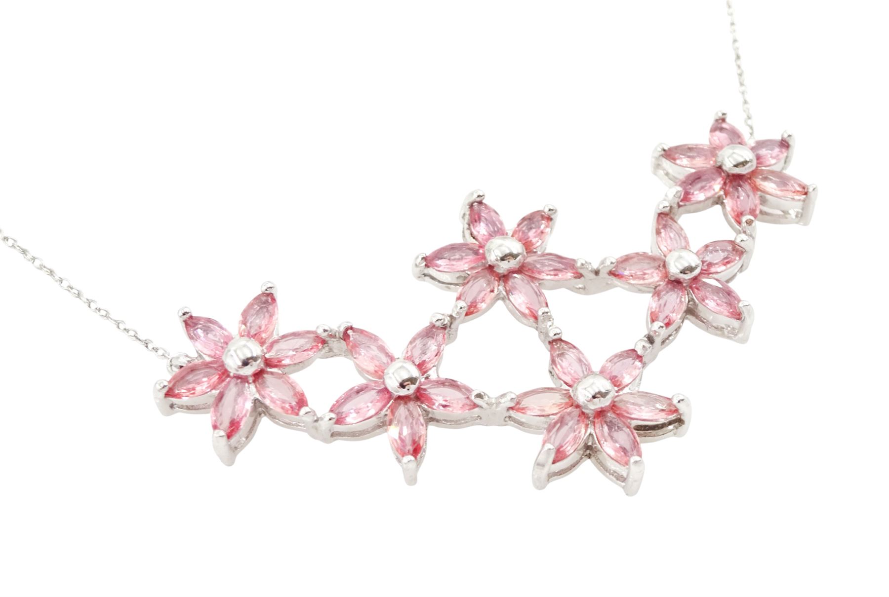 18ct white gold padparadscha sapphire flower head necklace, six flowers, each set with six marquise cut sapphires, stamped 750, total sapphire weight approx 4.40 carat