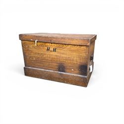Victorian stained pine carpenters toolbox and contents, fitted interior with saws, planes, chisels etc