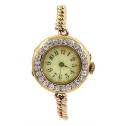 Continental early 20th century 18ct gold ladies manual wind wristwatch, stamped K18 with old cut diamond bezel, on 12ct rose gold curb link bracelet, retailed by Carrington & Co, Regents street, in silk lined fitted case 