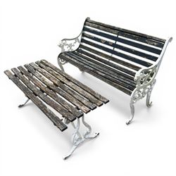 White painted cast iron slatted garden bench with 110cm wide rectangular coffee table