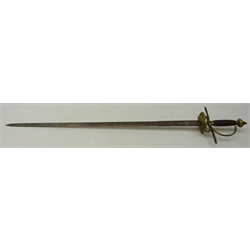  French Sword, 84.5cm straight tapering steel blade, wire bound grip with plain brass quillon, solid guard, L105cm  