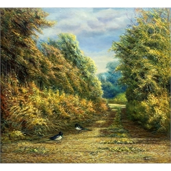 G C T (20th century): Birds on a Country Lane, oil on canvas signed with monogram and dated 1992, 69cm x 75cm
