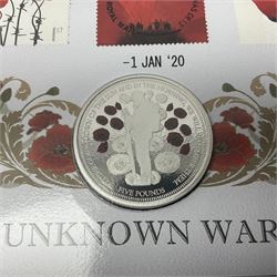 Danbury Mint 'The Ultimate James Bond Collection' comprising stamps and coins housed in a display case, 'Concorde Queen of the Skies' sculpture, stamps, medallion display and 2020 'Centenary of the Unknown Warrior' five pound coin cover in Harrington and Byrne folder