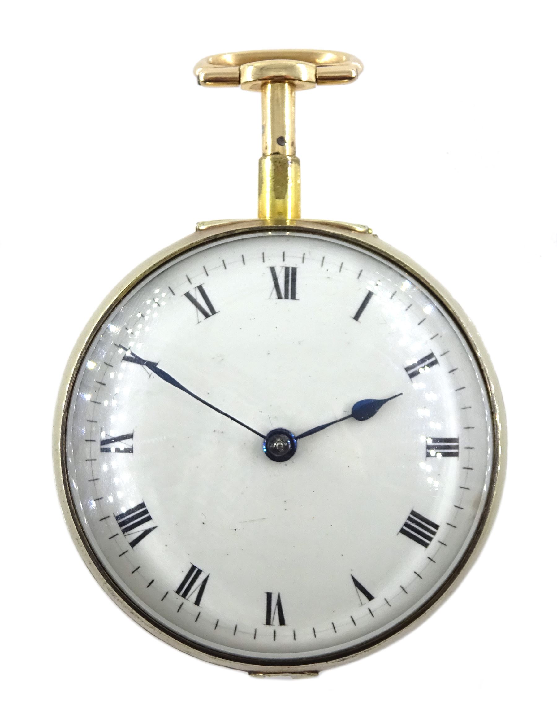18th century gilt pair case quarter repeating cylinder fusee pocket watch by Matthew Hill (London 1744-ca.1790), No. 417, round pillars, pierced and engraved balance cock with diamond endstone, white enamel dial with Roman numerals, plunge repeat in the pendant, bull's eye glass, the outer case engraved with initials and bird with inscription 'Hazard Zit Forward'
