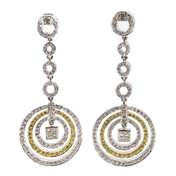  Pair of 18ct gold white and yellow diamond circular pendant earrings, stamped 18K  