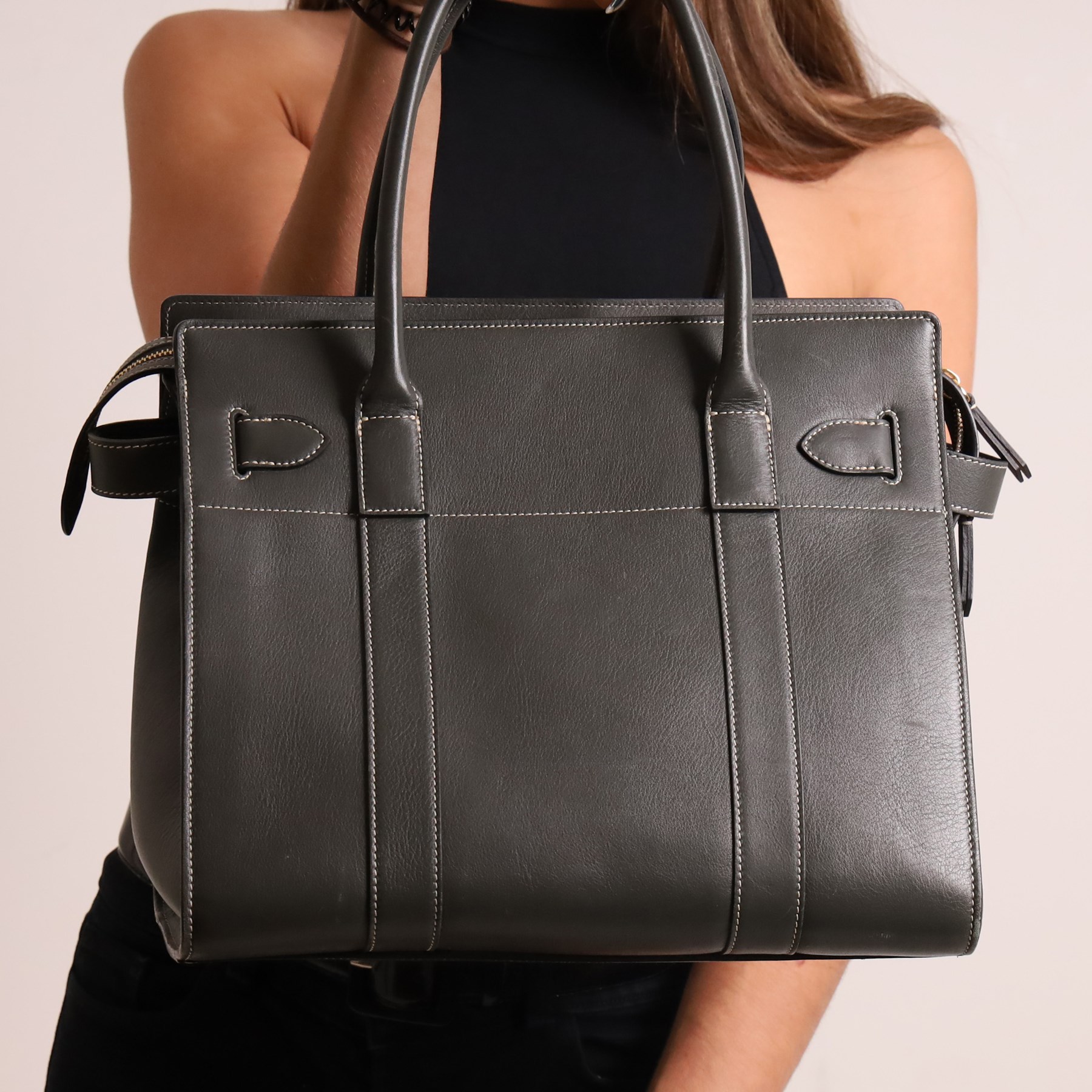 Mulberry - Zipped Bayswater handbag in grey calf leather, with contrasting white stitching, twin rolled leather top handles, crossover front straps with gold-tone Postman’s Lock fastening, zip top closure and gold-tone hardware, with original Mulberry dust bag