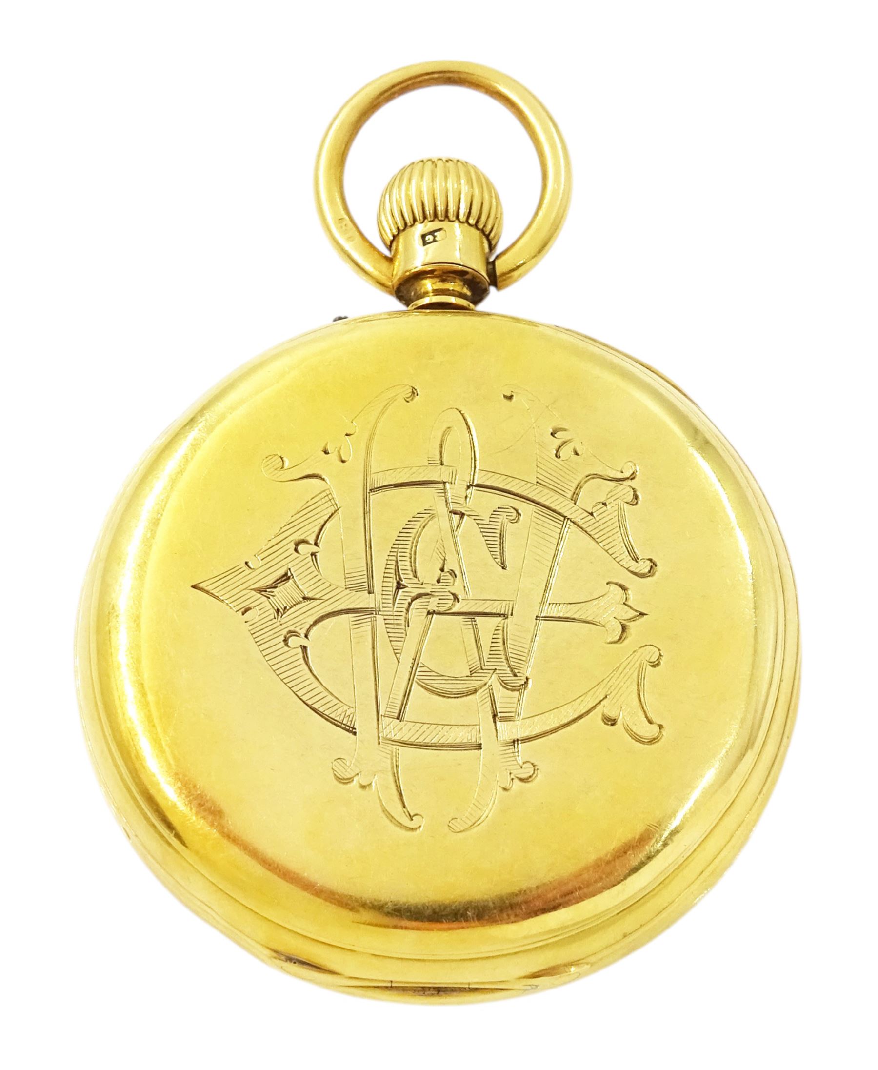 Early 20th century 18ct gold open face keyless lever pocket watch by W. Davis & Sons, Birmingham, No. 2373, white enamel dial with Roman numeral hour markers and subsidiary seconds dial, back case monogrammed with initials, markers mark AS, London 1928