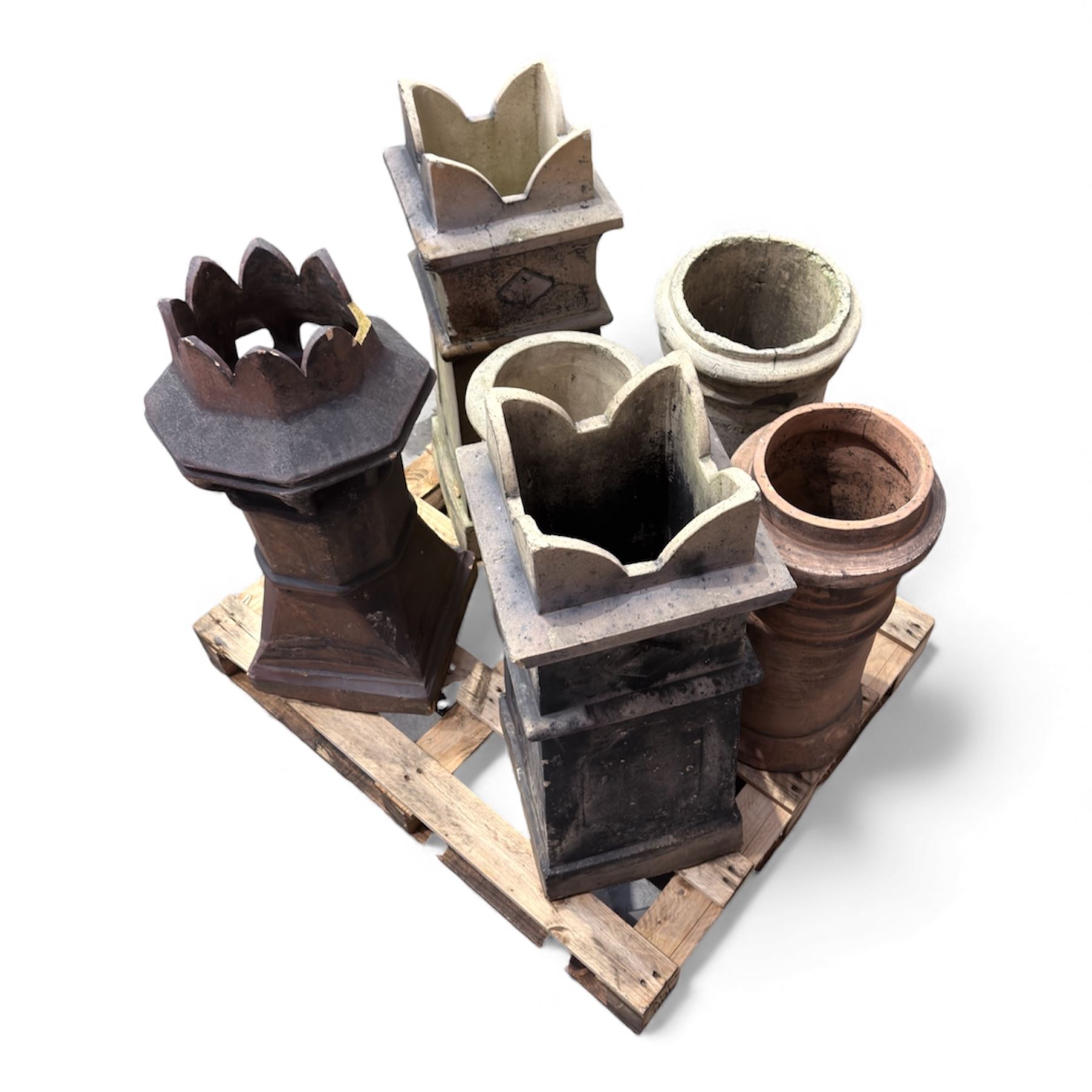 Six reclaimed terracotta / cast stone Chimney pots