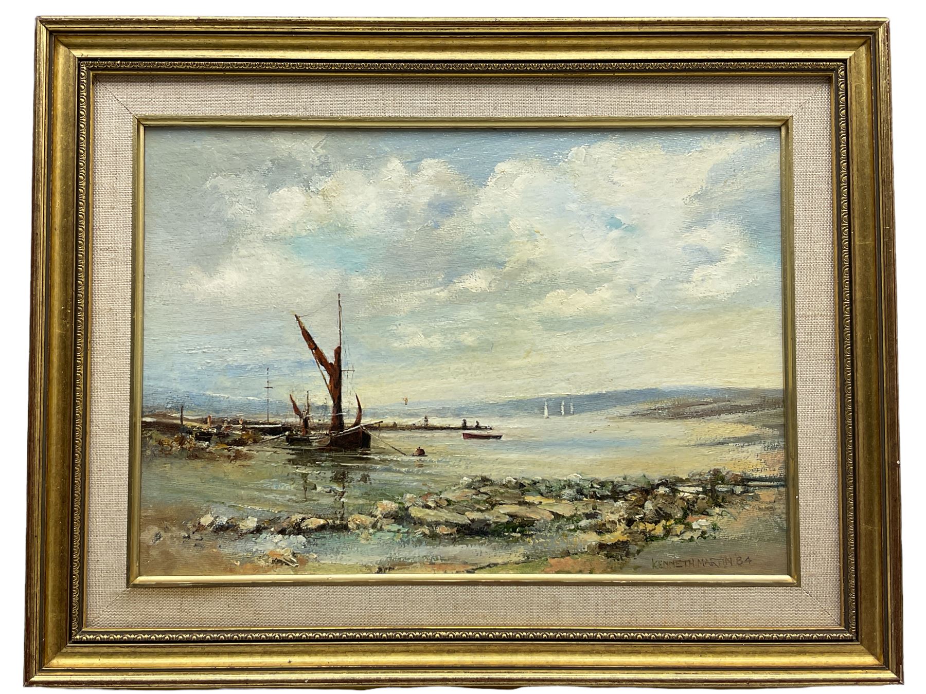 Kenneth Martin (British 20th century): 'Barge at Anchor - East Coast', oil on board signed and dated '84, 24cm x 34cm