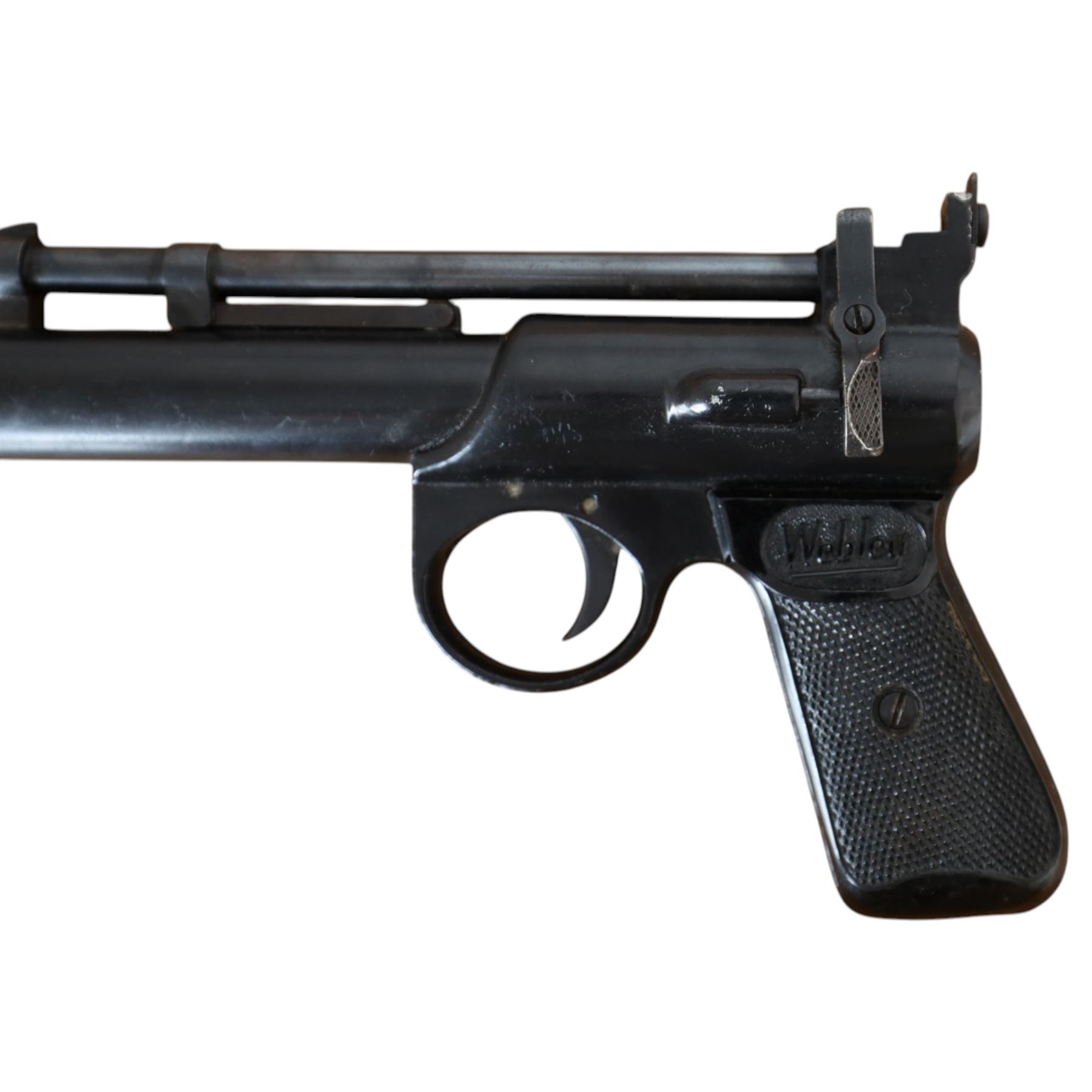 Webley Junior MK II .177 air pistol, the chamber marked 'Webley & Scott Ltd. Junior MK II Made in England', with black chequered grip