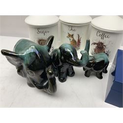 Three Canadian Blue Mountain pottery elephants, Royal Worcester Wrendale designs tea, coffee, and sugar pots and a boxed Rotary watch