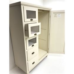Painted combination chest wardrobe, four drawers alongside single door with full length mirror enclosing hanging rail and two shelves, turned supports
