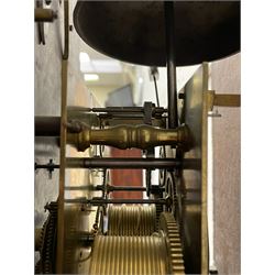 Henry Hindley of York – mid-18th century oak cased 8-day longcase clock,
flat topped caddy pediment with gesso finials, rectangular hood door flanked by wooden turned pilasters with capitals, canted trunk with a full-length break arch topped door on a short plinth with applied skirting and bracket feet, brass dial with a silvered chapter ring, Roman numerals and five-minute Arabic’s, minute and inner quarter hour tracks, matted dial centre with subsidiary seconds dial, blued steel hands and female head pattern spandrels, silvered calendar dial to the break arch with dolphin spandrels, four pillar rack striking movement, striking the hours on a bell. With weights and pendulum. 
H250 W48 D27
Henry Hindley originally from Wigan (Lancs) is recorded as working in York from Petergate 1731-41 then Stonegate 1741-1771. A famous and highly innovative maker, often referred to as the “Tompion of the North.” 
