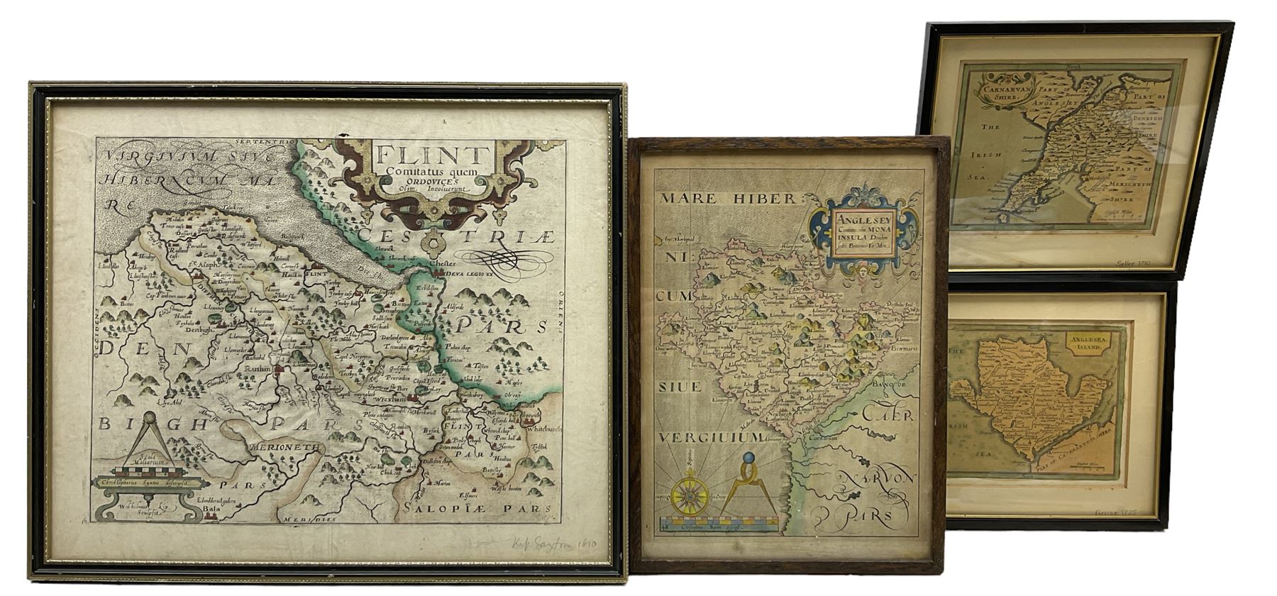 William Hole (British ?-1624) after Christopher Saxton (British c.1540-c.1610): 'Flint' and 'Anglesey', two early 17th century engraved maps with hand colouring together with two others max 27cm x 32cm (4)