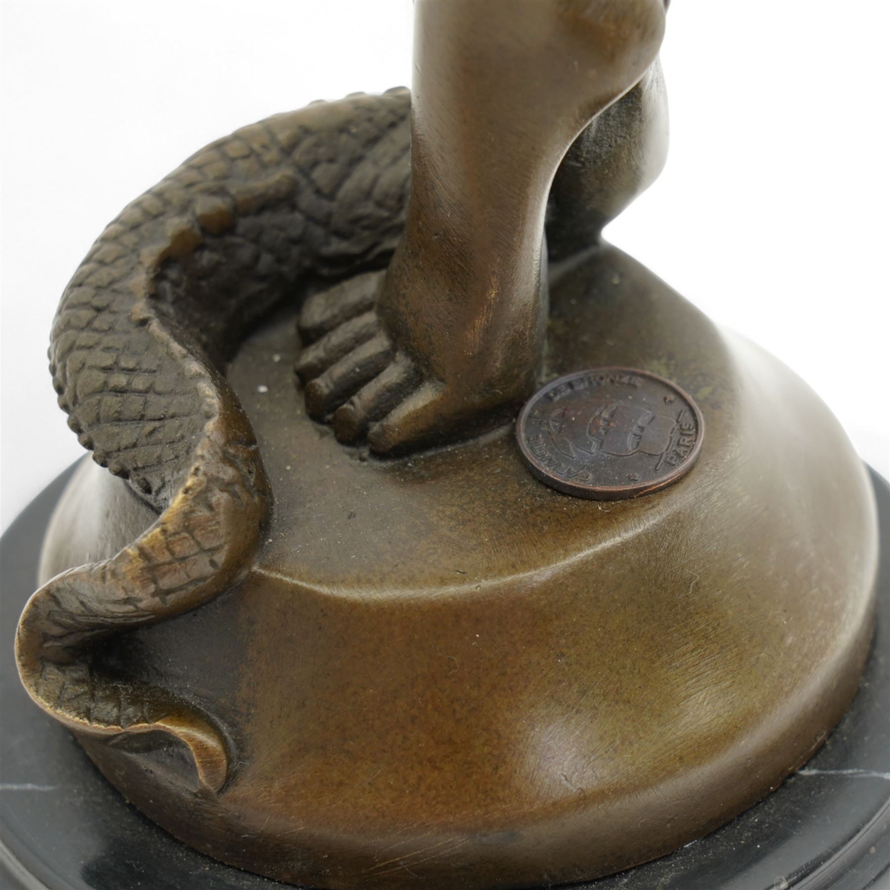 After Colinet - Art Deco style bronze of a dancer 'Ankara' with foundry mark on marble base H43cm