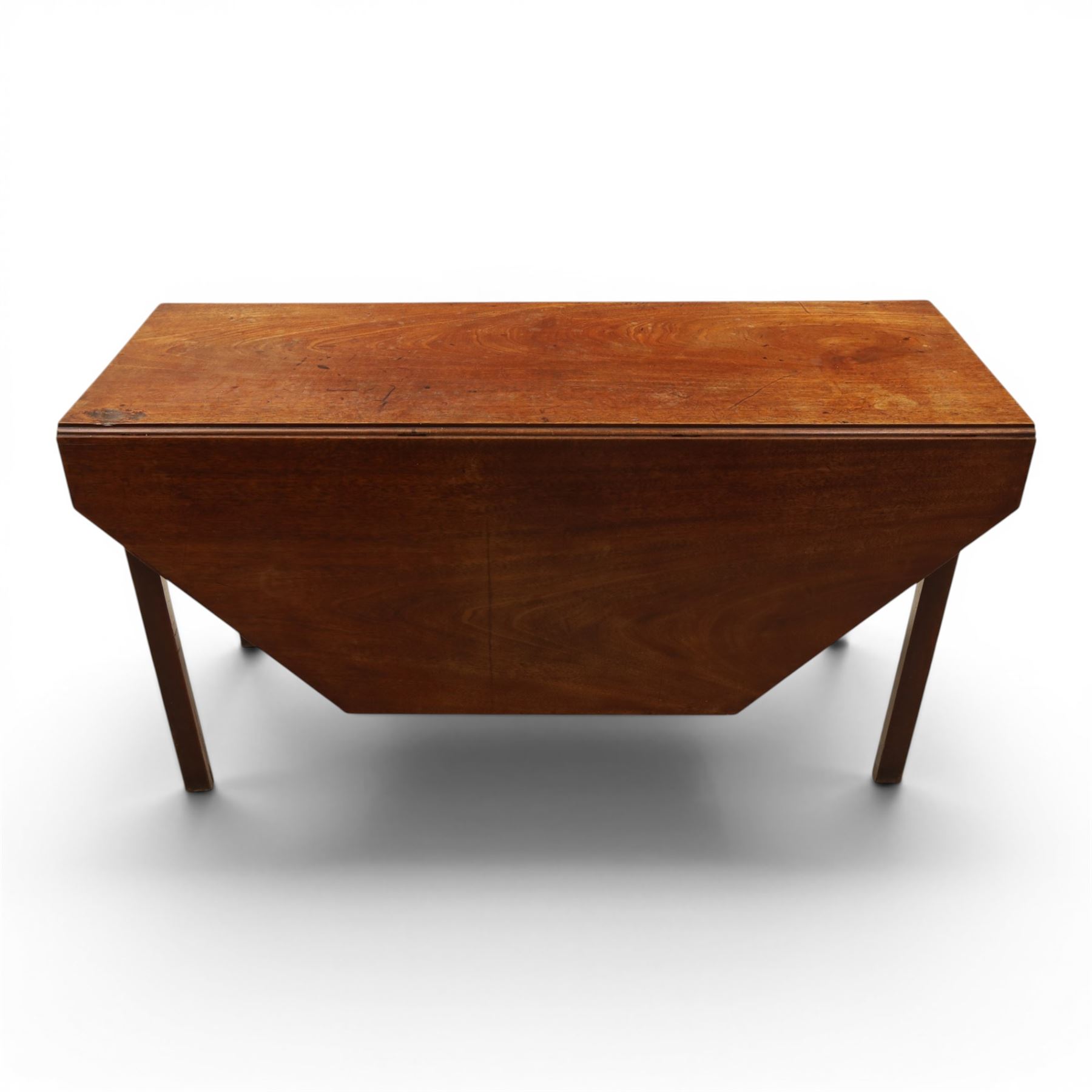 Mahogany octagonal drop lead dining table, on square supports, extends to 149cm