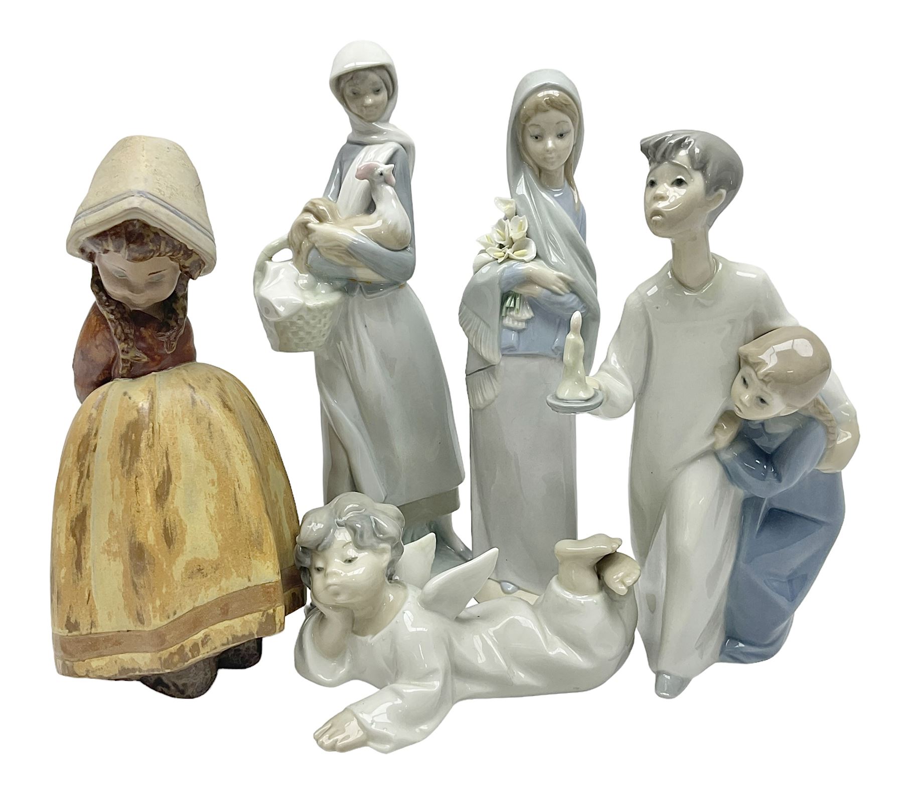 Four Lladro figures, including Girl With Cockerel no 4591, Gres Lonely no 2076 etc together with Nao figure 