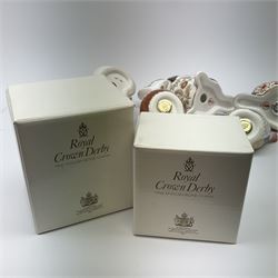 Five Royal Crown Derby paperweights, comprising Chaffinch, and Goldcrest, each with gold stopper, and box, example modelled as a Beaver with silver stopper, and two further examples lacking stoppers. 