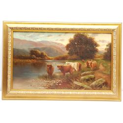 English School (19th/20th century): Highland Cattle in a Landscape, oil on board unsigned 32cm x 62cm