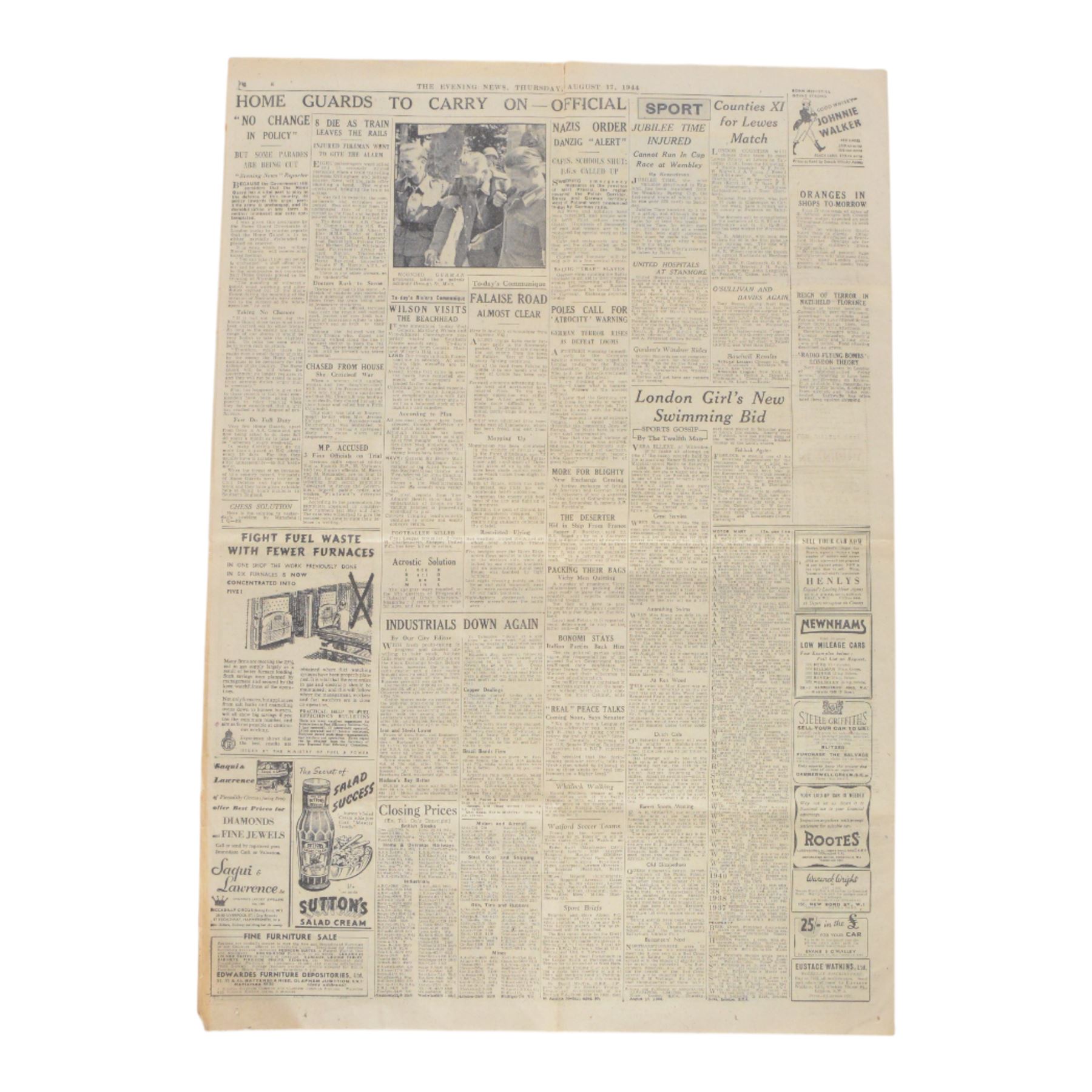 Newspaper: The Evening News, Thursday August 17 1944, Riviera: 500 Square Miles Taken 